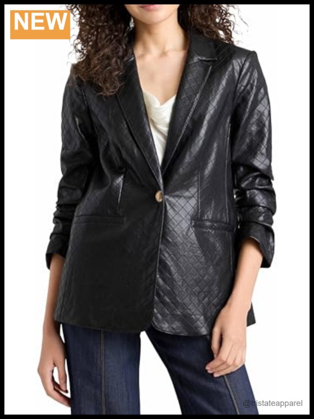 Quilted Faux Leather Women's Blazer Notch Lapel 3/4 Sleeve Button Front
